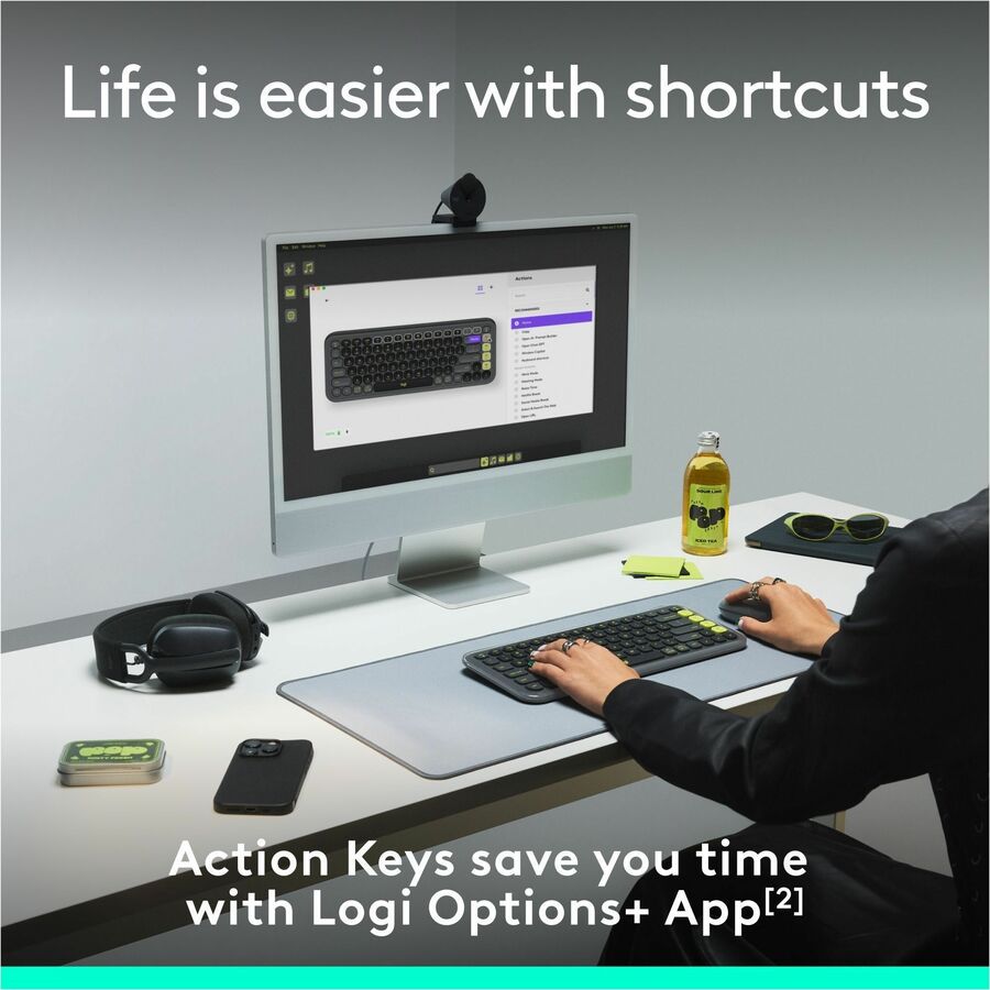 Logitech POP ICON KEYS Wireless Bluetooth Keyboard, Comfortable Typing, Programmable Keys, Easy-Switch Between up to 3 Devices (Graphite & Green) - 920-013143